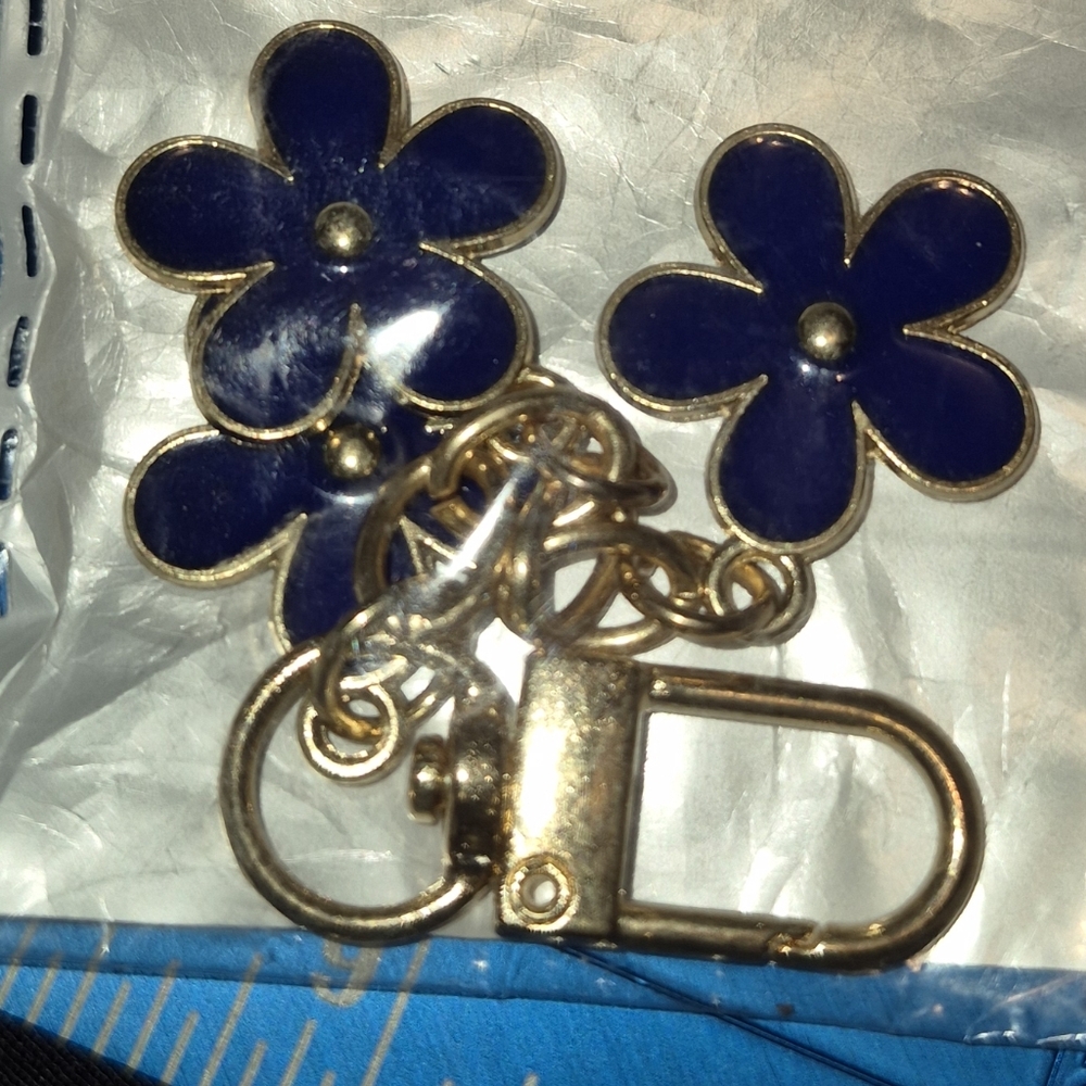 Blue Flower Keychain with Gold Accents